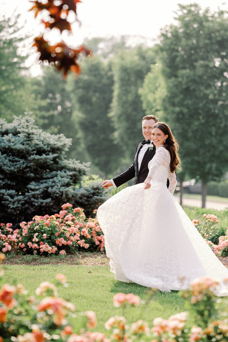 Side profile of bride in summer with floral crown and bouquet