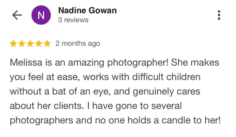 A 5-star review from Nadine Gowan, praising photographer Melissa for making clients feel at ease, handling difficult children effortlessly, and genuinely caring about her clients. Nadine mentions she has used several photographers, but none compare to Melissa.