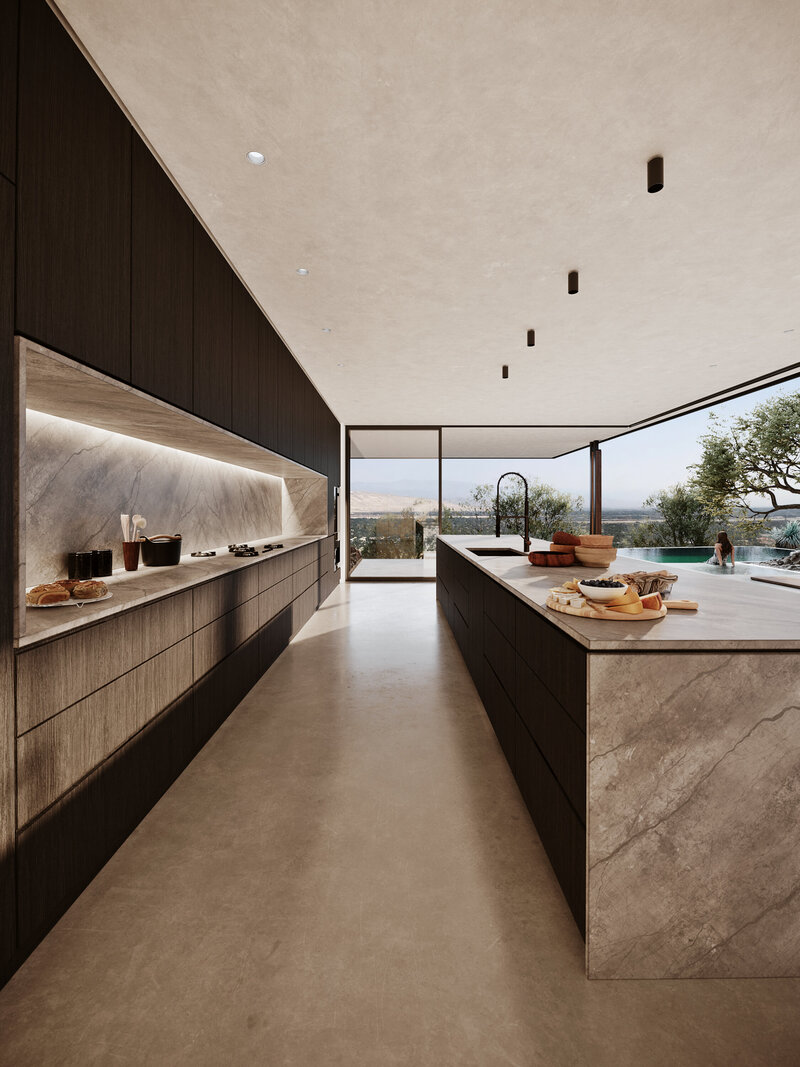 Modern kitchen with marble counters and wood cabinets designed by Palm Springs architect.