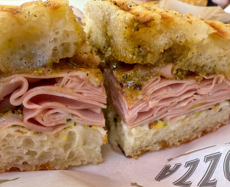 A mortadella and pistachio panino at Dal Mozza Gourmet in Pisa, Italy