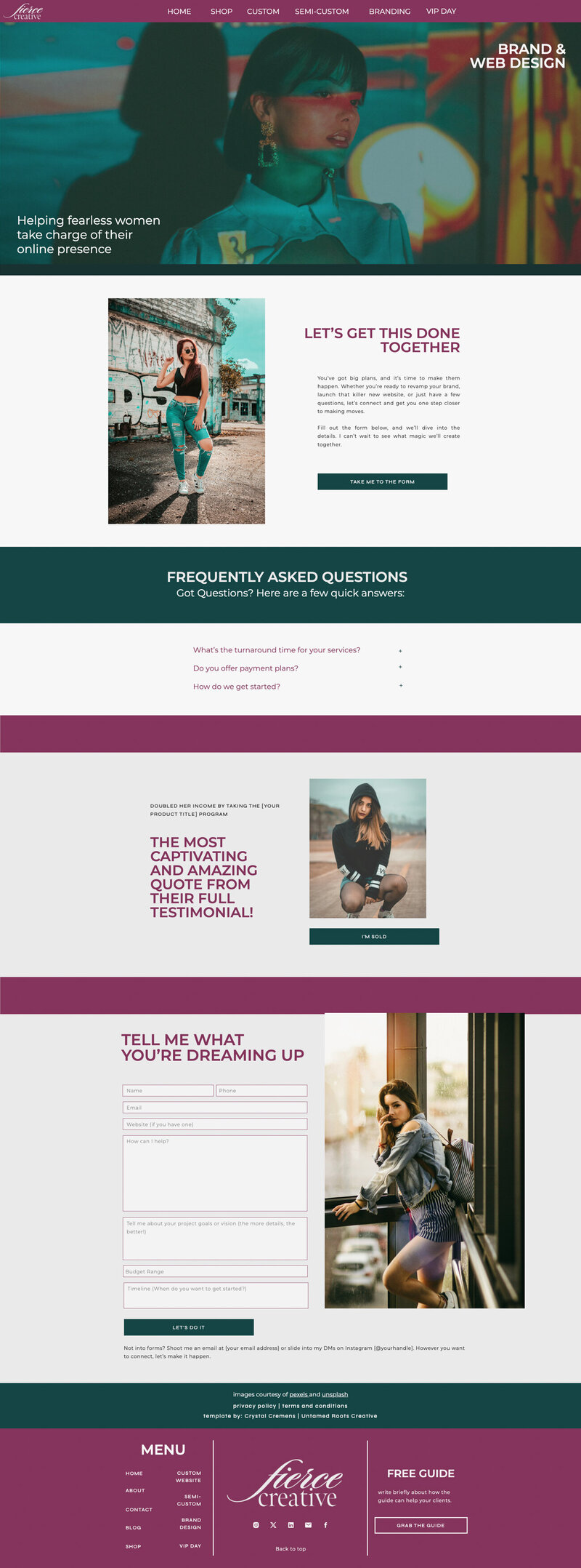 No coding needed! Fierce Creative is a drag-and-drop Showit template designed for ambitious creatives who want a premium brand.