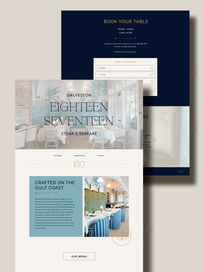Side-by-side desktop mockups of the 1817 Steak & Seafare homepage and booking section. The homepage highlights the restaurant’s upscale ambiance, scratch kitchen philosophy, and Gulf-sourced seafood. The reservation page features a sleek navy-and-gold form with refined typography and elegant dining room imagery.