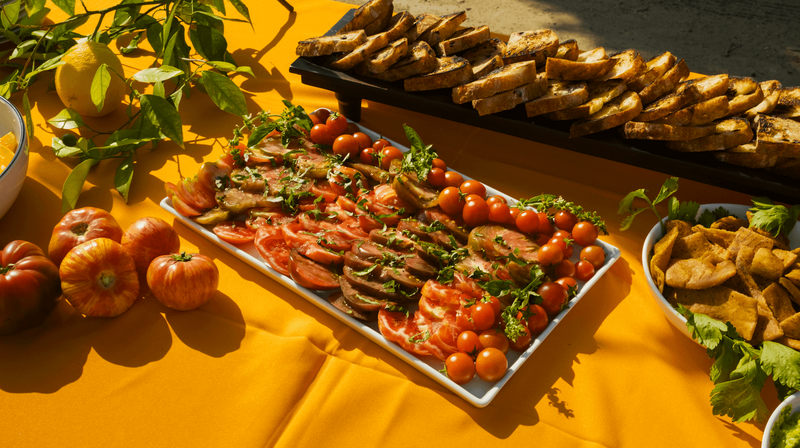 A colorful seasonal vegetable dish prepared by Farm Dinner LA chefs using local farm produce.