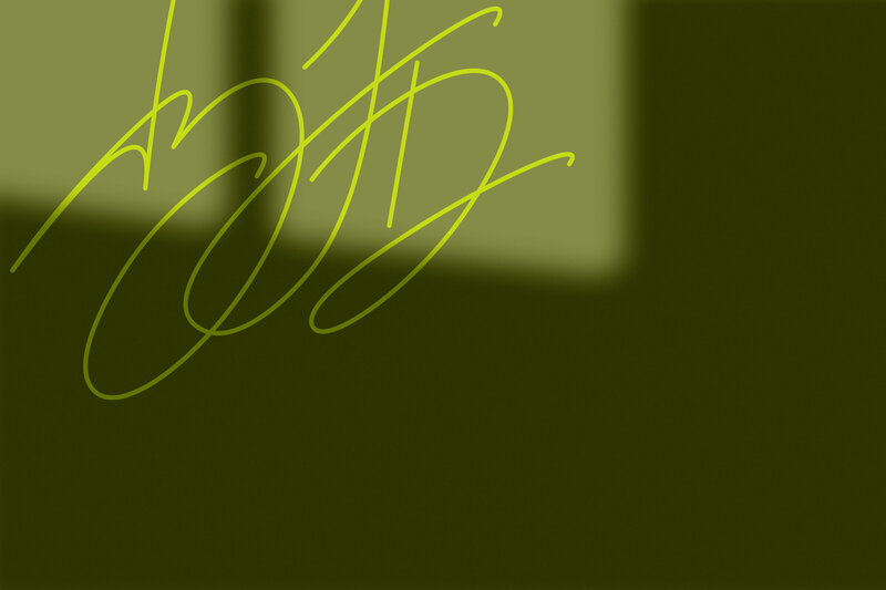 shadows on a green background with Barb's initials BJD written in large yellow script font
