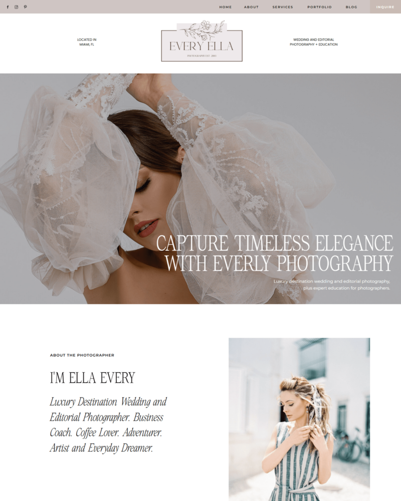 Ella one-page Showit website template for photographers featuring a clean, minimalist, and modern design—perfect for beginners needing a website fast
