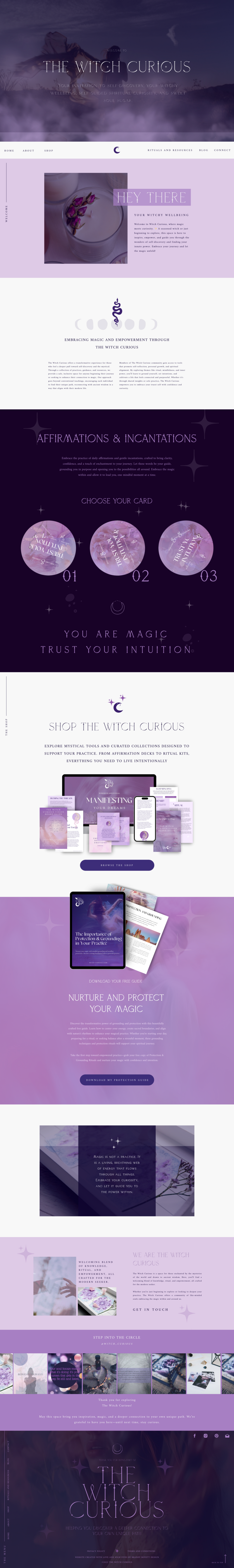 Full site template of The Witch Curious showcasing the entire home page design with holistic branding, serene colors, and a minimalist layout for spiritual wellness entrepreneurs.
