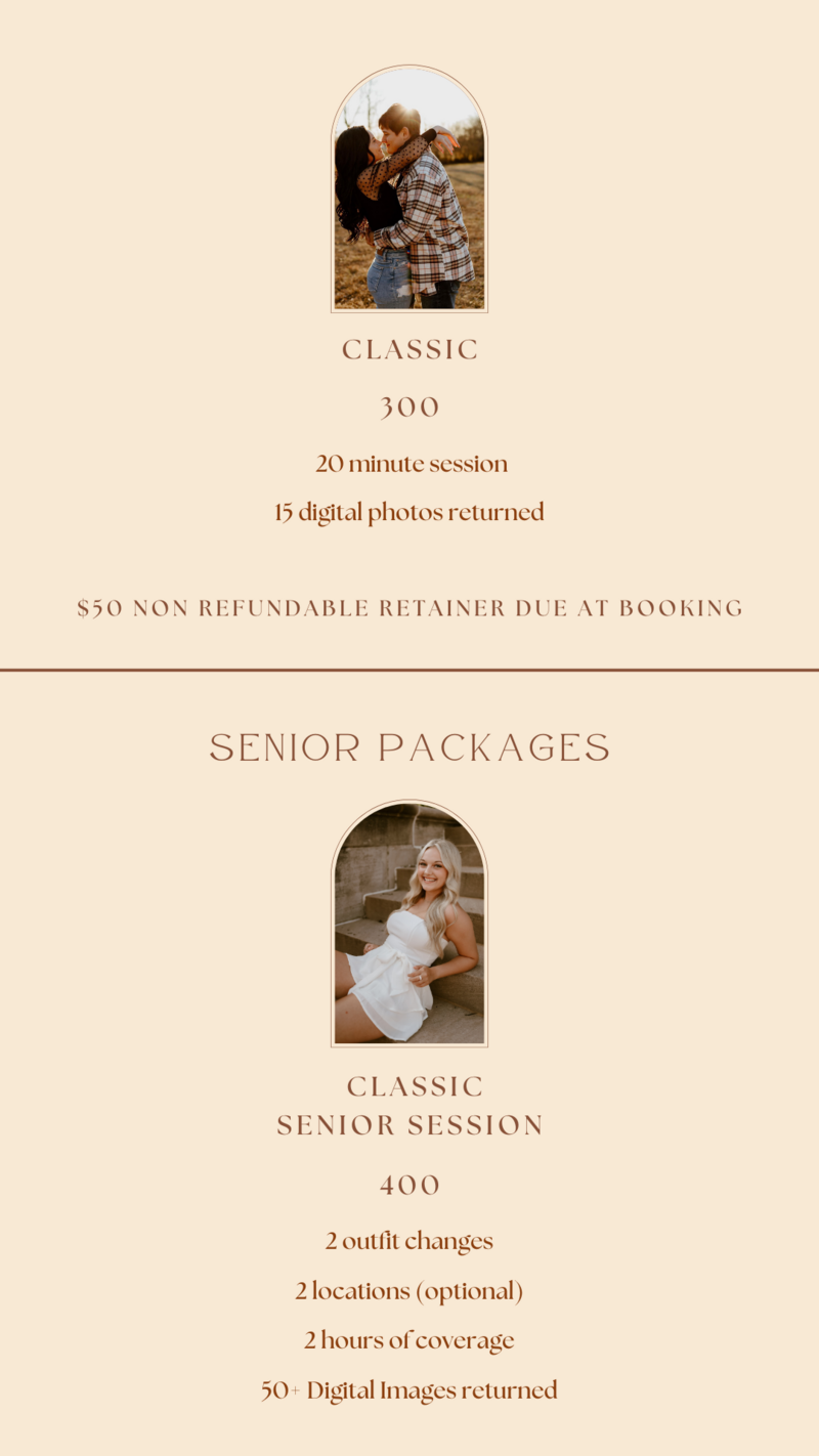 Pricing for couples photos in Bloomington, Indiana.