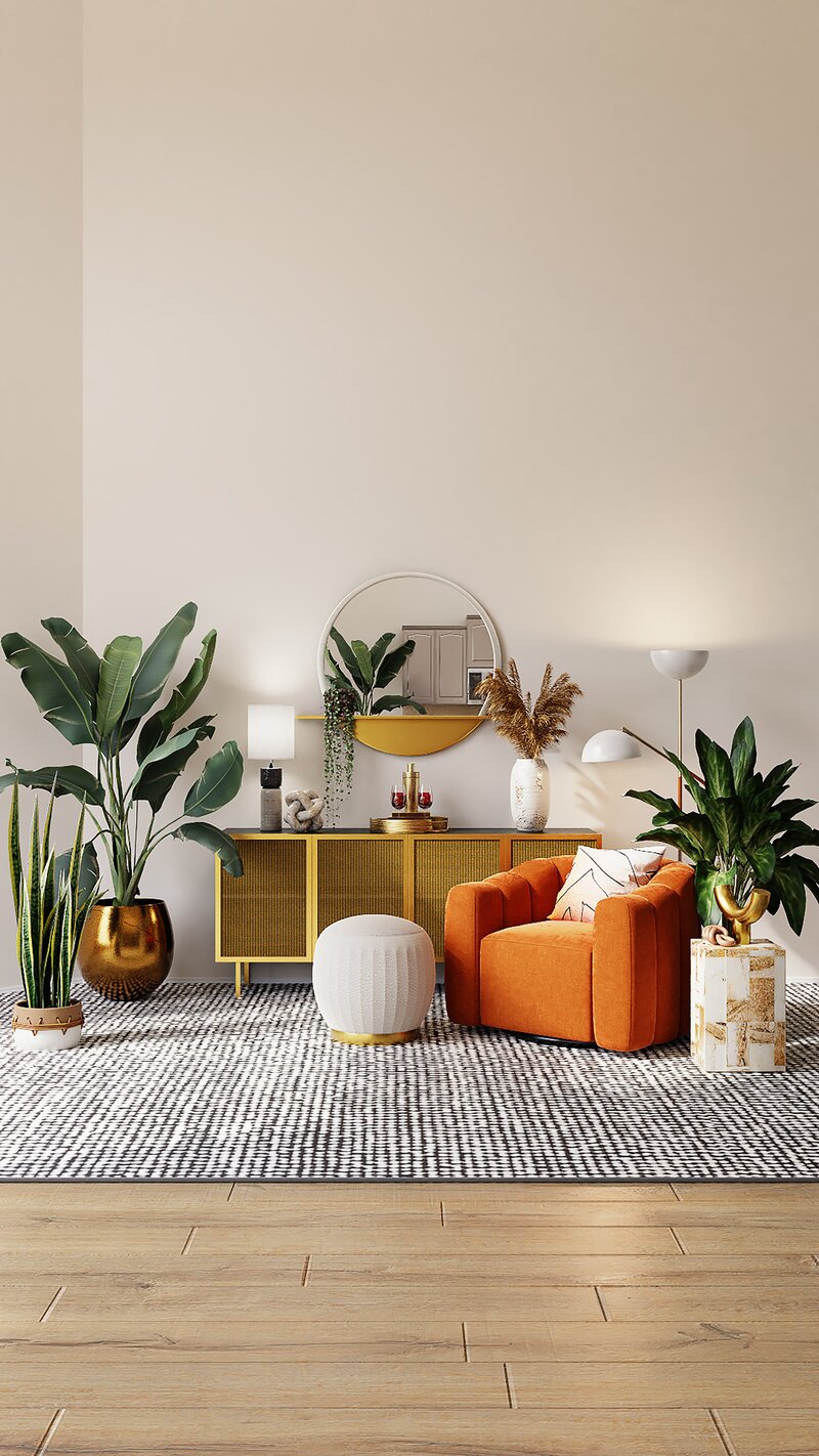 Picture of photo living room with large gray rug and orange sitting chair and many plants. Photo by <a href="https://unsplash.com/@spacejoy?utm_source=unsplash&utm_medium=referral&utm_content=creditCopyText">Spacejoy</a> on <a href="https://unsplash.com/s/photos/home?utm_source=unsplash&utm_medium=referral&utm_content=creditCopyText">Unsplash</a>