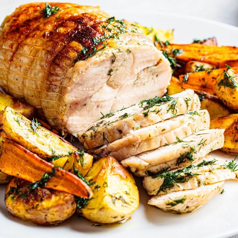 _ROASTED TURKEY BREAST WITH SAUTÉED SPROUTS AND BAKED SWEET POTATO 