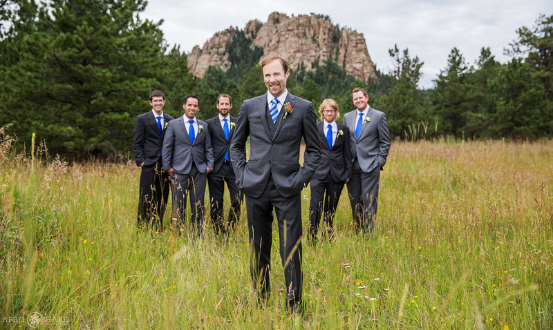 Classy Groom and Groomsmen Portrait with Rock Cliff Backdrop Mountain View Ranch