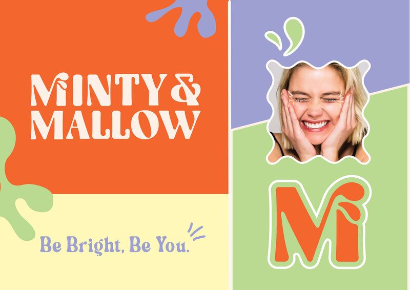 A bright, colorful banner for Minty & Mallow with the tagline "Be Bright. Be You." The design uses bold typography and playful color splashes to emphasize the brand’s energetic and positive message.