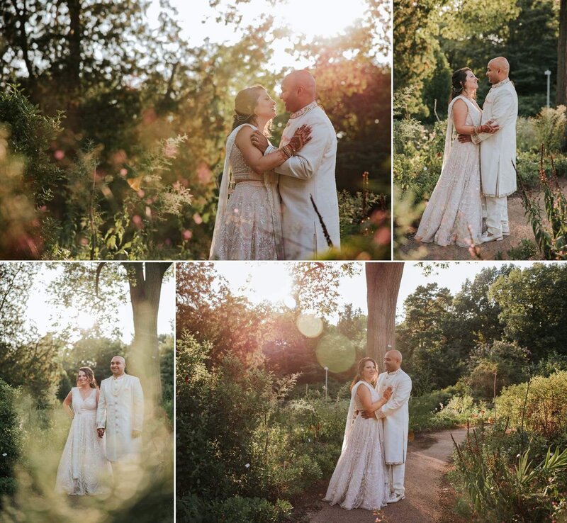 The newly bride and groom posed for pcitures as the sun was setting in the blissful greenery at  Bartram's Garden in Philadelphia