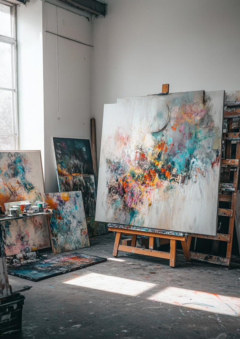 Abstract paintings on display in an artist's studio with a large painting on an easel.