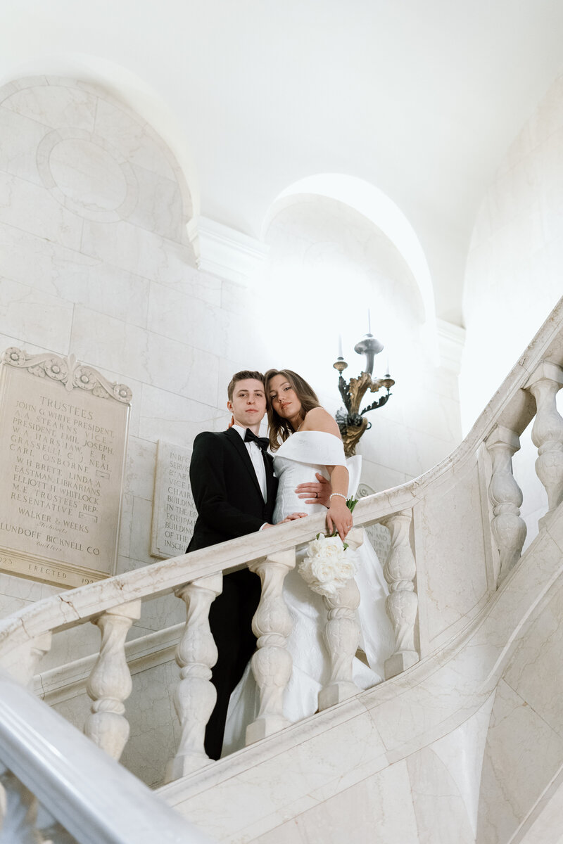 Golden hour wedding portrait of couple walking at Nationwide Hotel in Columbus, Ohio