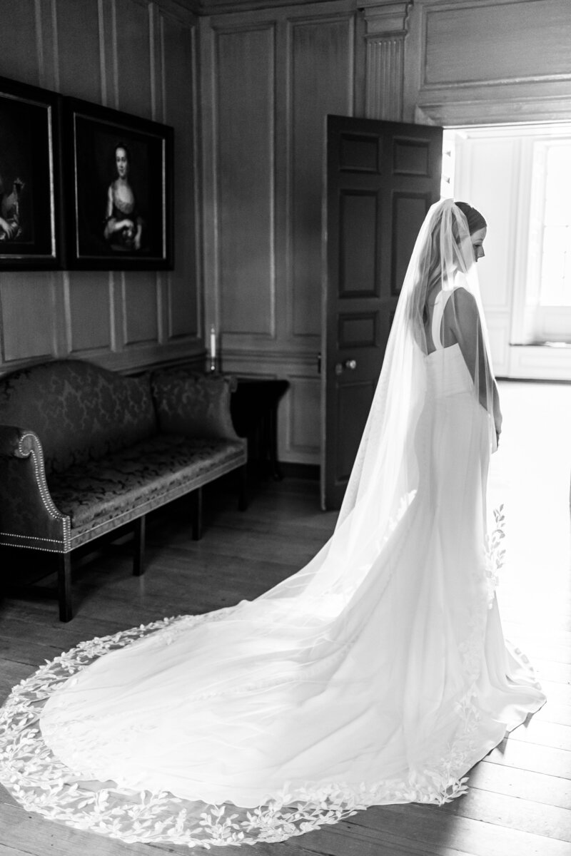 Atlanta Photographer Bridal Portraits | Black and white photo of a bride with a floor-length veil