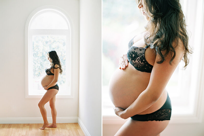 A mom to be posing in lingerie during her maternity session in Daniele Rose Photography's studio