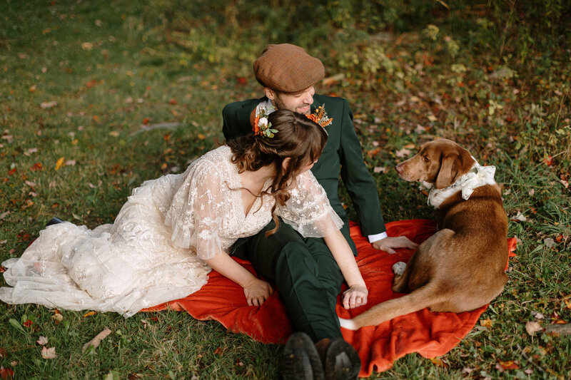 A couple sits on a red blanket in a grassy field, lovingly interacting, with a brown dog resting beside them amidst autumn leaves.