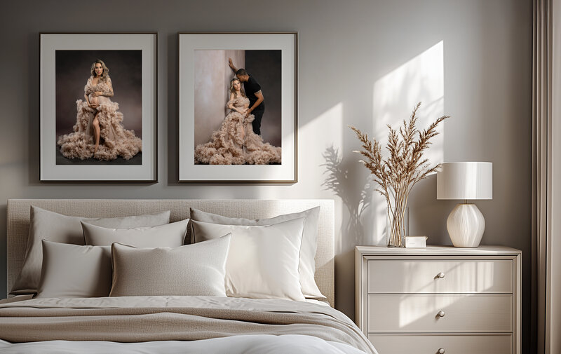 framed artwork hanging in a master bedroom with a Maternity photo of Mom alone and Mom and dad together. Jenni Nikki took the photo at her Maternity studio in Woodstock, GA right outside of Atlanta GA