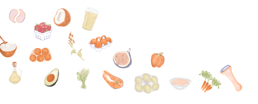 custom illustrations of fig, eye patch, salmon, orange, olive oil, greens and more for nuri brand