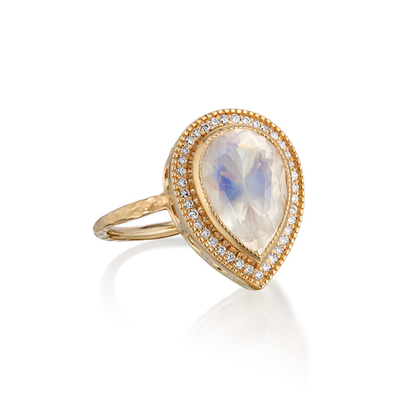 Premium moonstone in beautiful bezel setting with halo and hammered band