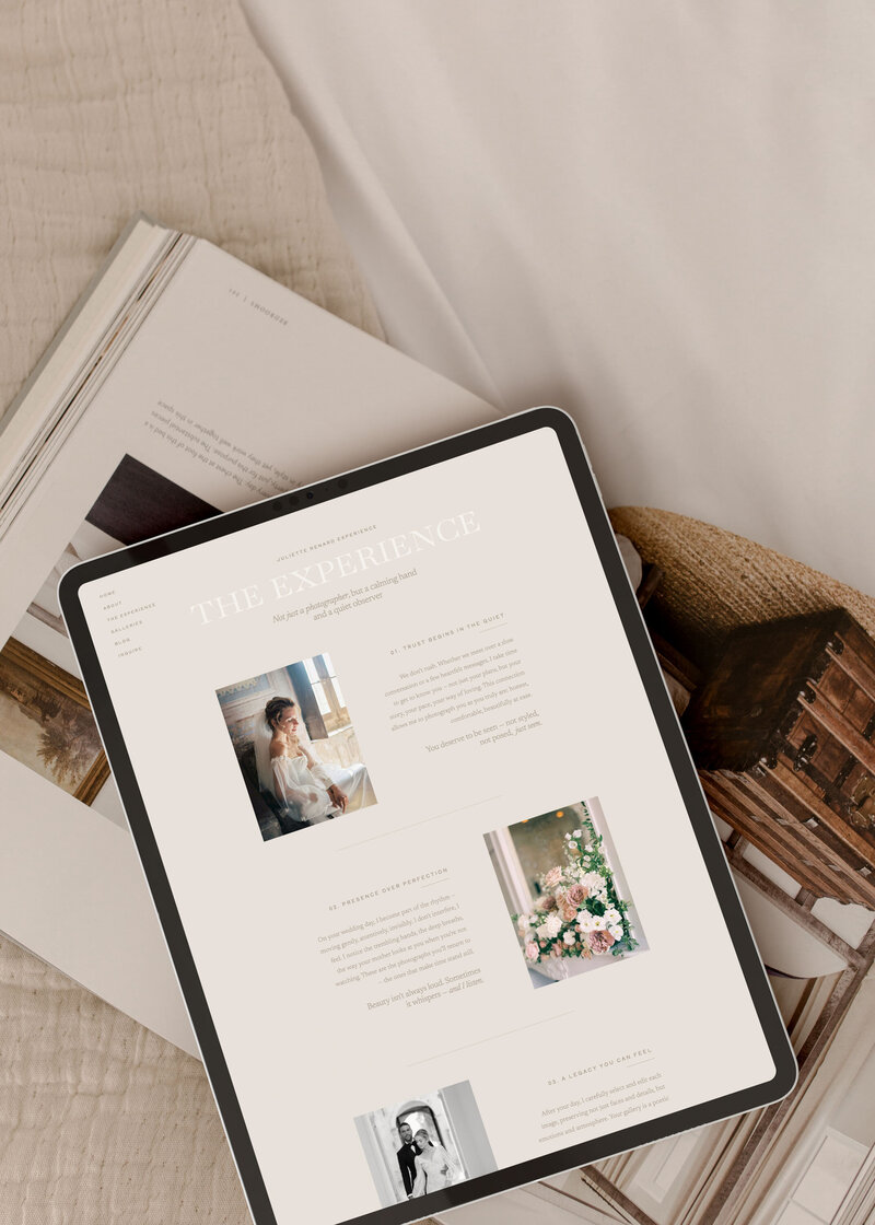 Tablet displaying "The Experience" page of the Juliette Renard Showit template, designed by The Soft Voice, showcasing a clean and elegant layout for service offerings.