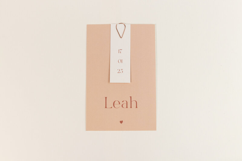 Geboortekaartje-Leah-zalmroze-met-datumlabel-en-paperclip