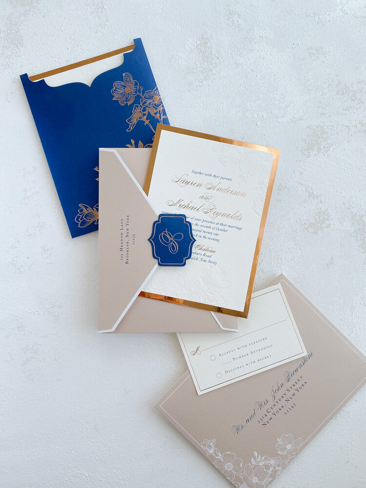 Royal Blue blush wedding invitations rose gold foil 