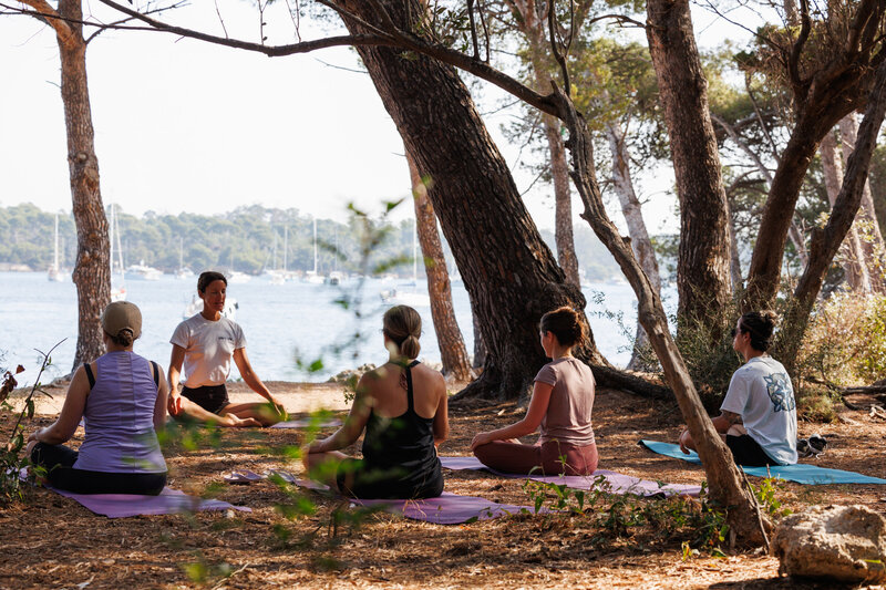 Yoga session on a sailboat in  South Sardinia