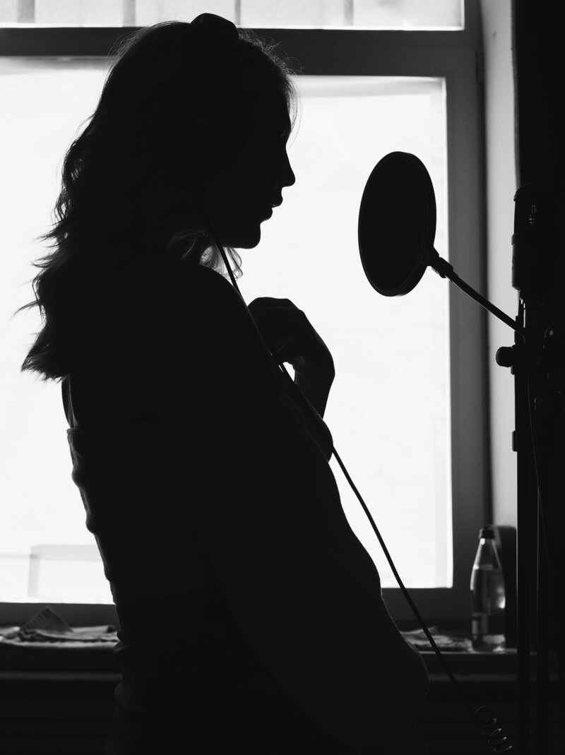 black white podcast voice