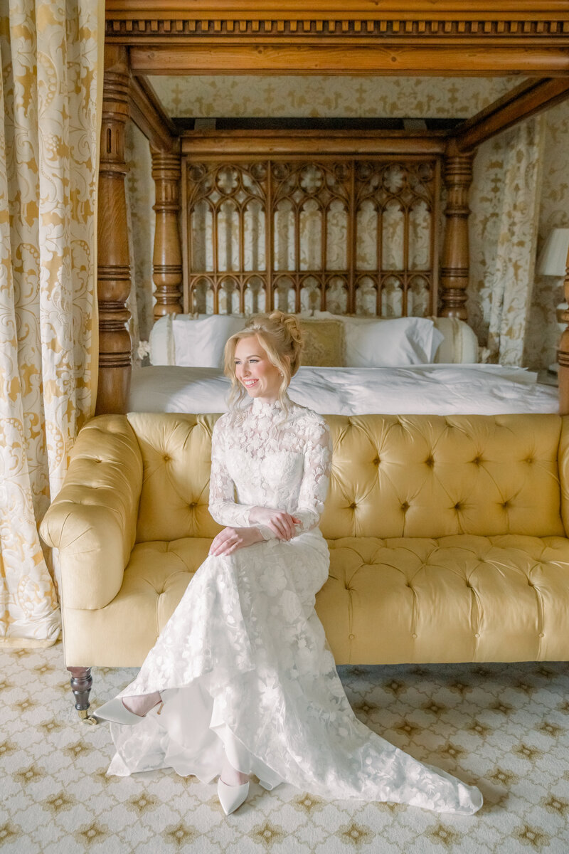 Dover Hall Wedding in Manakin-Sabot, VA | Luxury Wedding Photographer in Virginia | bride sitting in the bridal suite of Dover Hall before her wedding ceremony