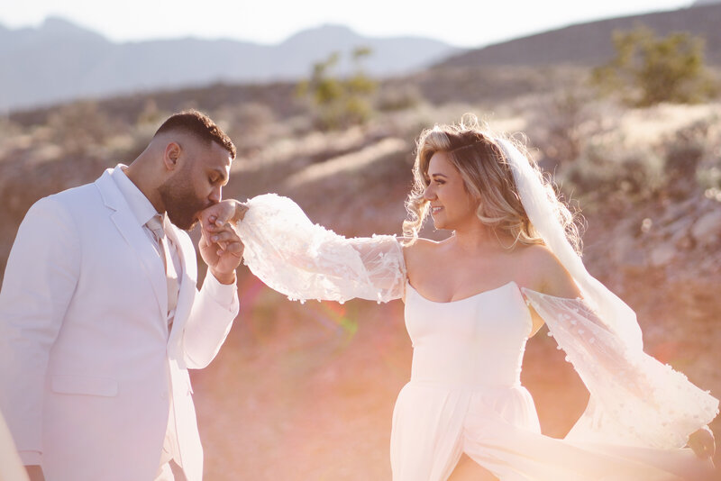 Couple poses for the desert elopement in Las Vegas