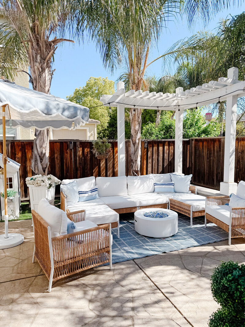 backyard with seating and cabanas