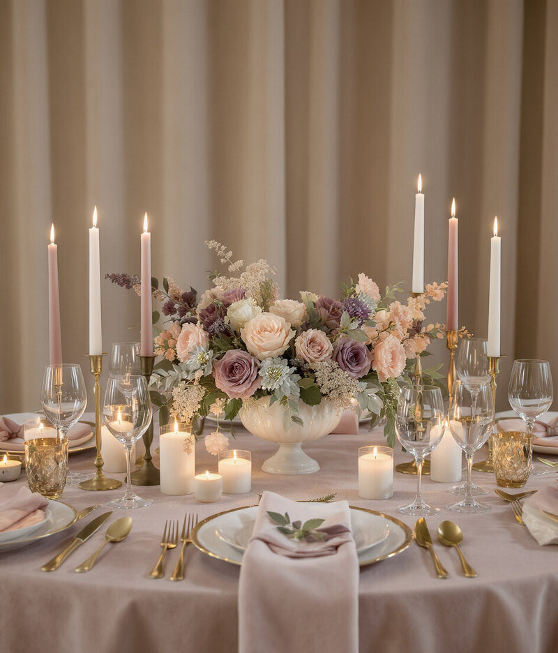 Blush and dusty mauve wedding florals and candles at a reception table.