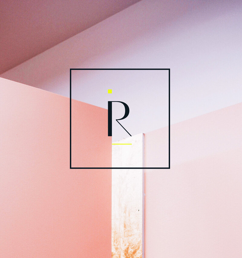 R monogram with neon ywllo accents surrounded by square box overliad on pink graphic interior photograph.