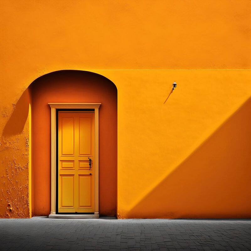 Bright orange stucco building with a sharp angular roofline and a single arched window casting a bold shadow.