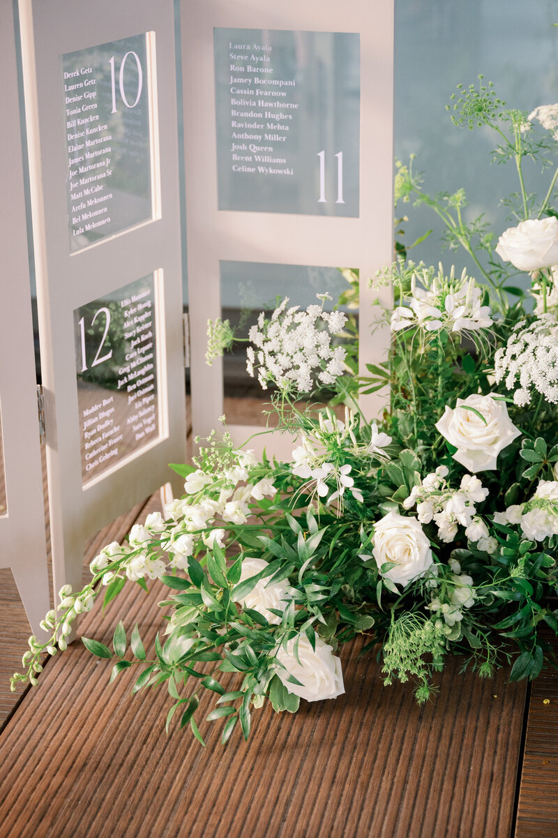 Ground floral arrangement with queen anne's lace, delphinium, and spider flowers. Wedding floral designer specializing in Eastern Shore wedding venues.