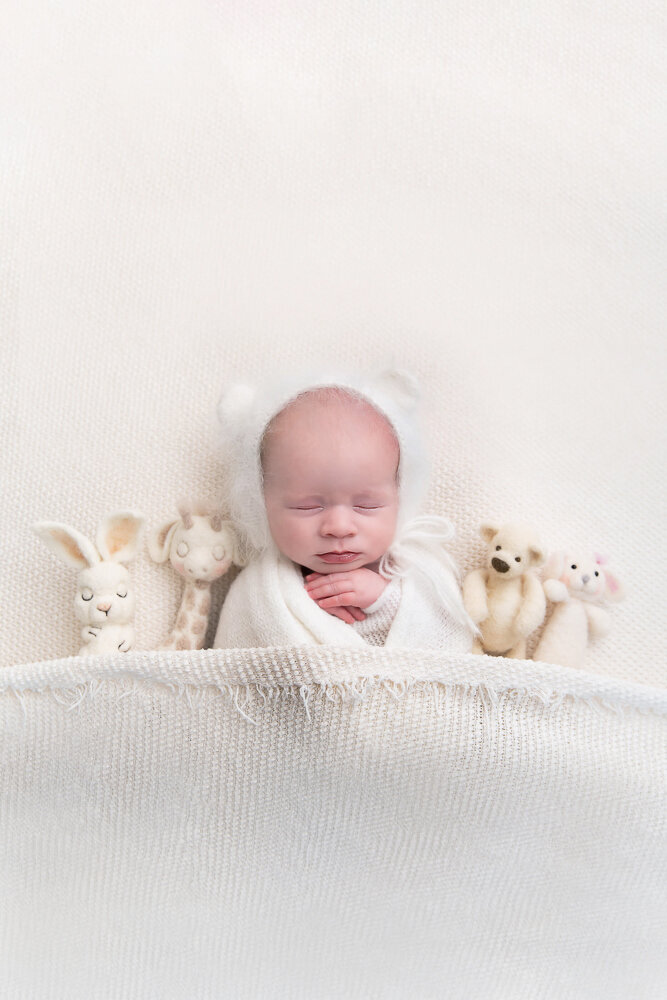 newborn baby girl wrapped in white with a white bear hat laying on a white background for her newborn photography session in Burlington, Ontario.