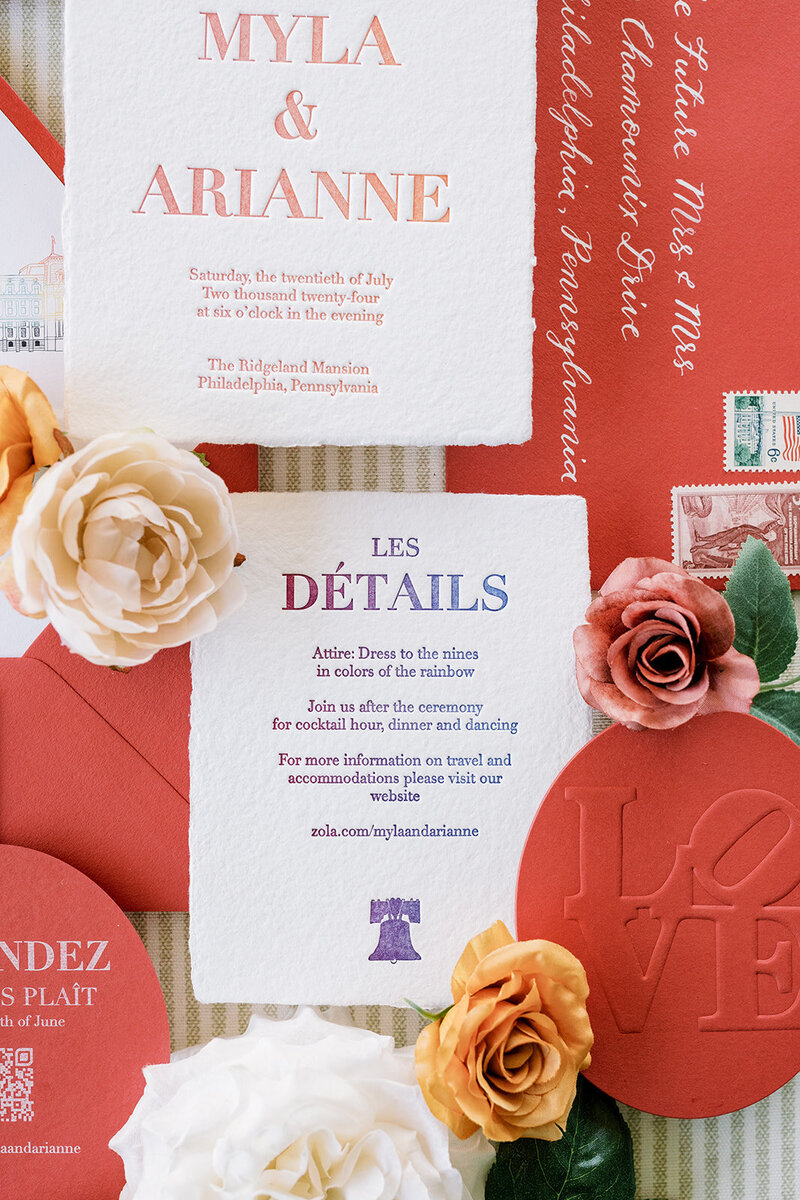 Gradient Letterpress custom wedding invitations with hand drawn illustrations of Philadelphia city icons