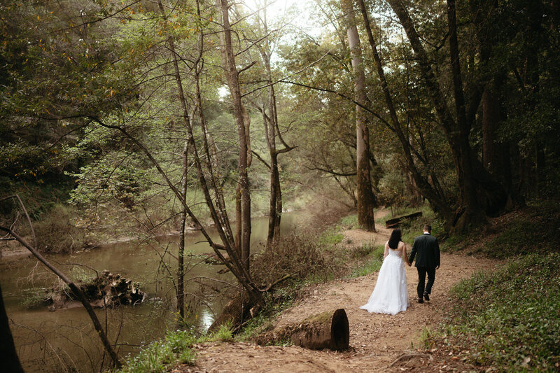 Wedding couple hikes along a forest trail for their Henry Cowell Redwoods State Park Wedding 