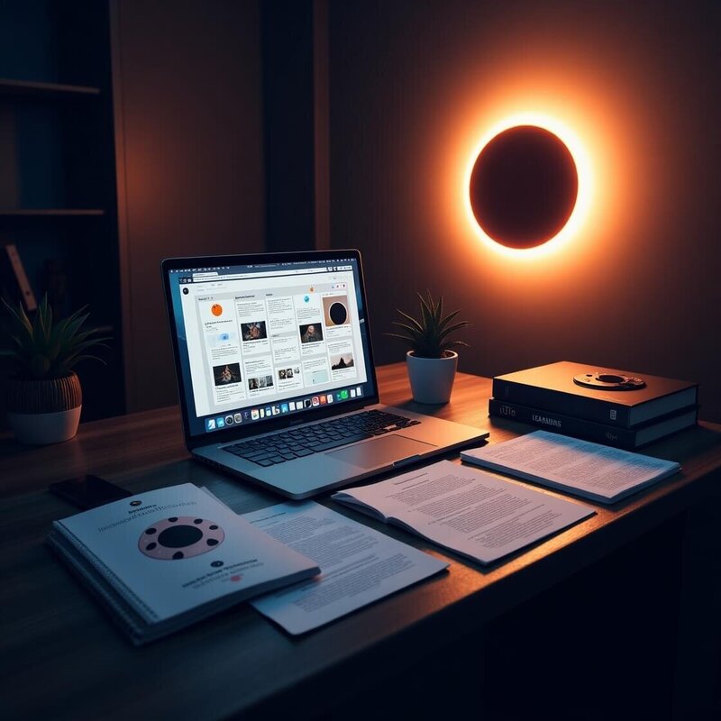 Ordinateur affichant des contenus pour réseaux sociaux sur un bureau, devant une éclipse lumineuse, illustrant le pack Éclipse dédié au calendrier éditorial de Lili Créa Design à Saint-Nazaire