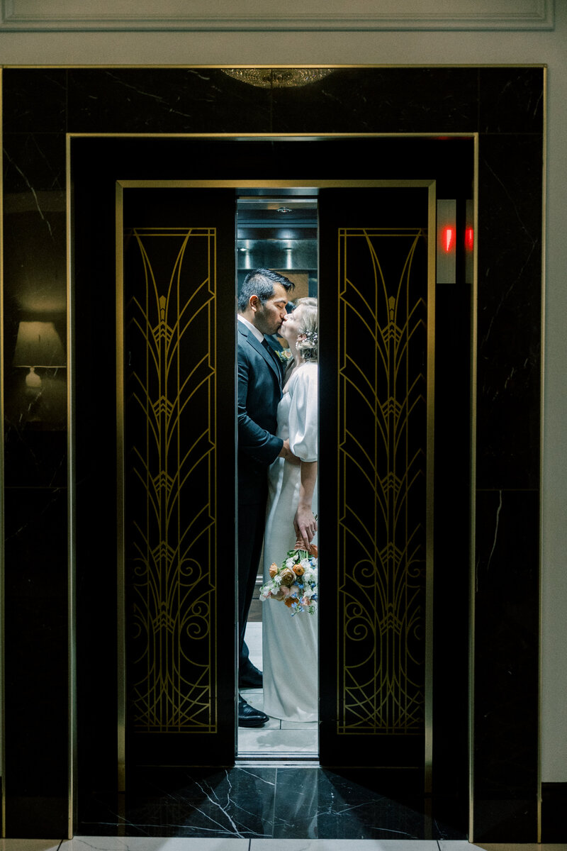 Indiana_Michigan_Wedding Planner_Hotel Carmichael_Carmel Indiana_Wedding Day Editorial_Bride & Groom_Elevator Portrait