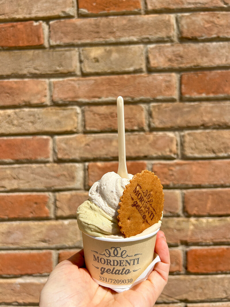 Cup of gelato with a wafer from Mordenti Gelato in Ravenna, Italy