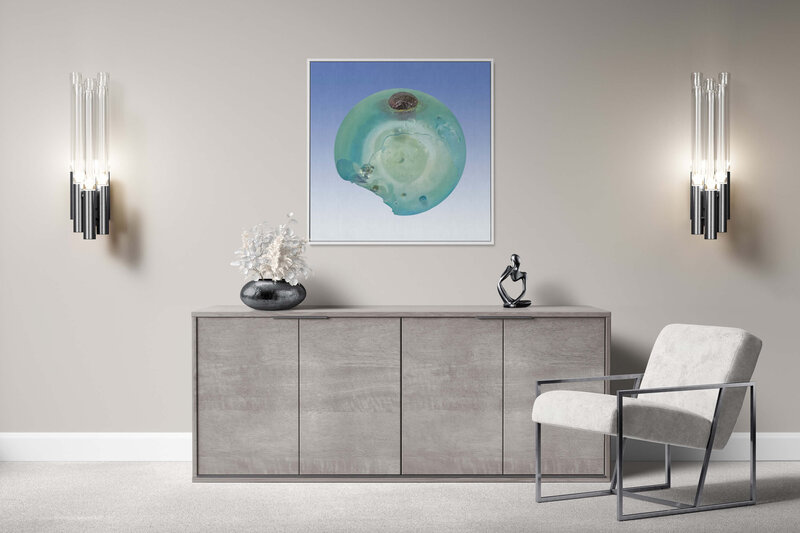 Fine Art Canvas with a white frame featuring Project Stardust micrometeorite NMM 789 for luxury interior design