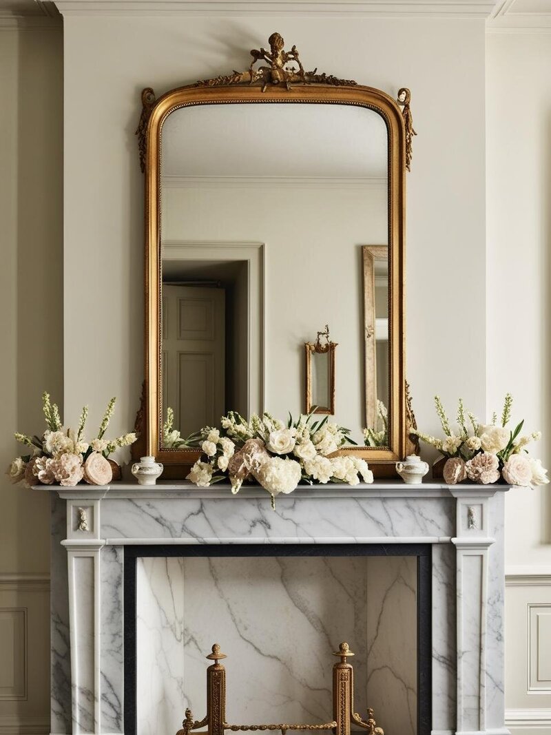 A historic traditional room featuring a Carrara marble fireplace with brass fire dogs, a gilt French mirror above, and a symmetrical display of blooms and antiques on the mantle. The soft white walls add warmth to the timeless space.