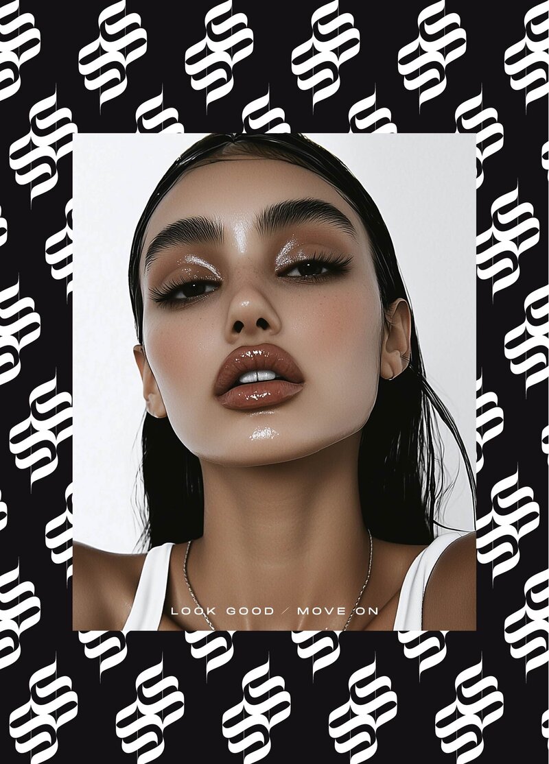 woman with shiny skin over sadie skin logo pattern