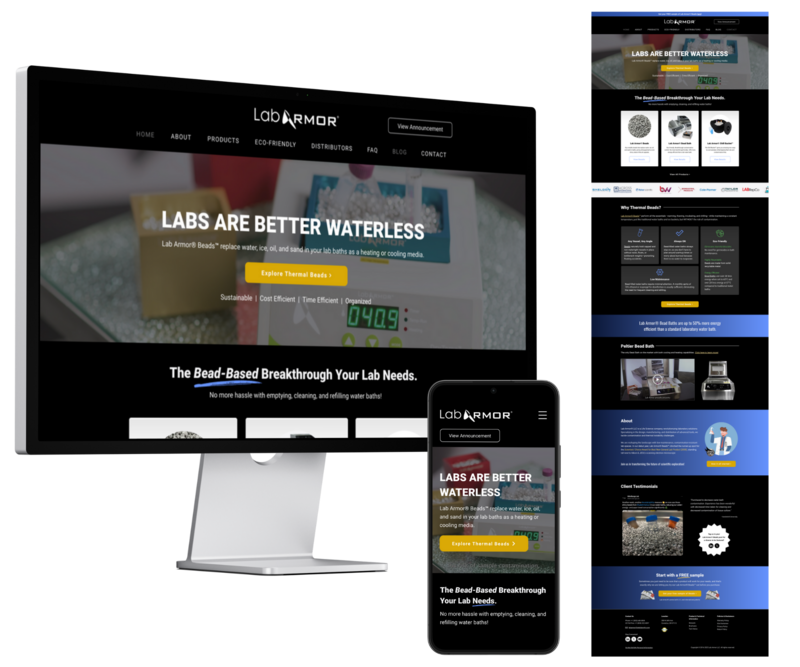 Branded website design mockup for Lab Armor® LLC, featuring desktop and mobile layouts and a full homepage display