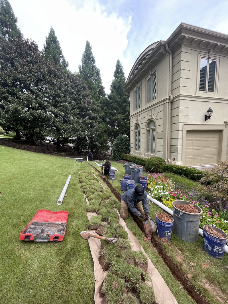 APS Waterproofing trench setup for exterior drainage solutions in Atlanta, ensuring effective water diversion.