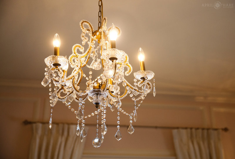 Detail photo of the chandelier hanging inside the Master Suite at Highlands Ranch Mansion