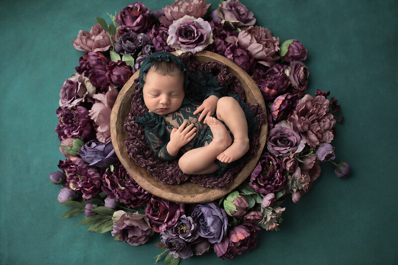 Newborn baby peacefully sleeping in a wooden bowl, surrounded by rich purple and plum flowers on a deep green backdrop. The baby wears a dark green lace romper and bonnet in this elegant fine art newborn portrait created in studio at Lindsay Walden Photography.