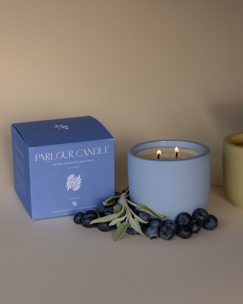 Parlour Candle is a handcrafted candle and home decor line created in a 100-year-old studio space. Project showcase featuring refreshed box packaging design and color & icon development for the scent collection – Compote and Verte.
